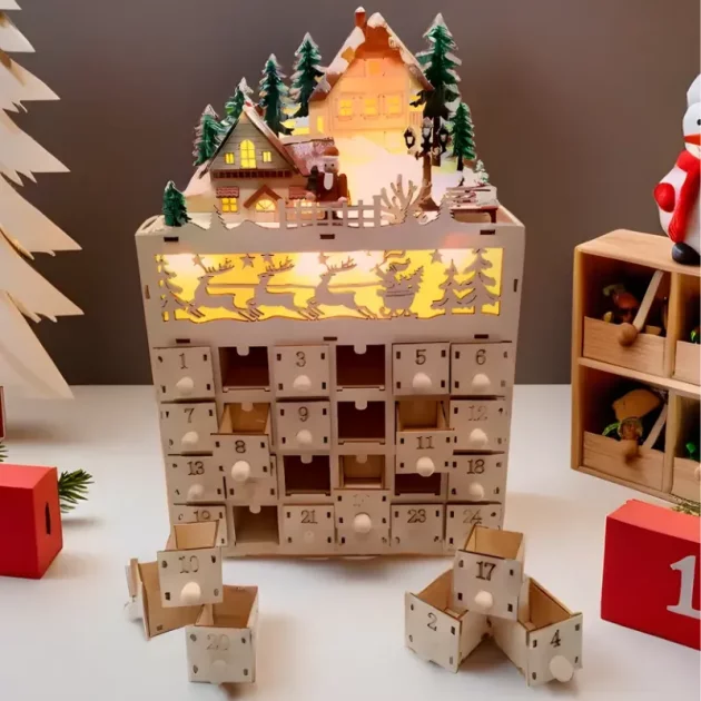 wooden advent calendar, christmas advent calendar, 24 days advent calendar, advent calendar decor, light advent calendar