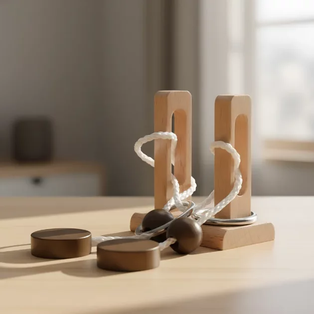 wooden brain teaser puzzle, wooden brain teaser, rope brain teaser