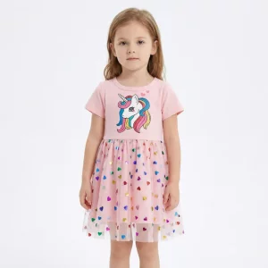 Søt kortermet bomullskjole med enhjørning for barn