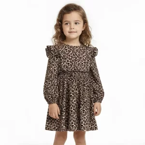 dress with ruffles, long sleeve dress, leopard print dress